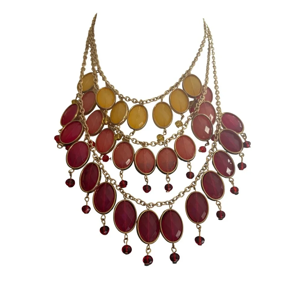 Gold Tone Multi Strand Bib Statement Necklace Red Orange Yellow Ombre Oval Stone